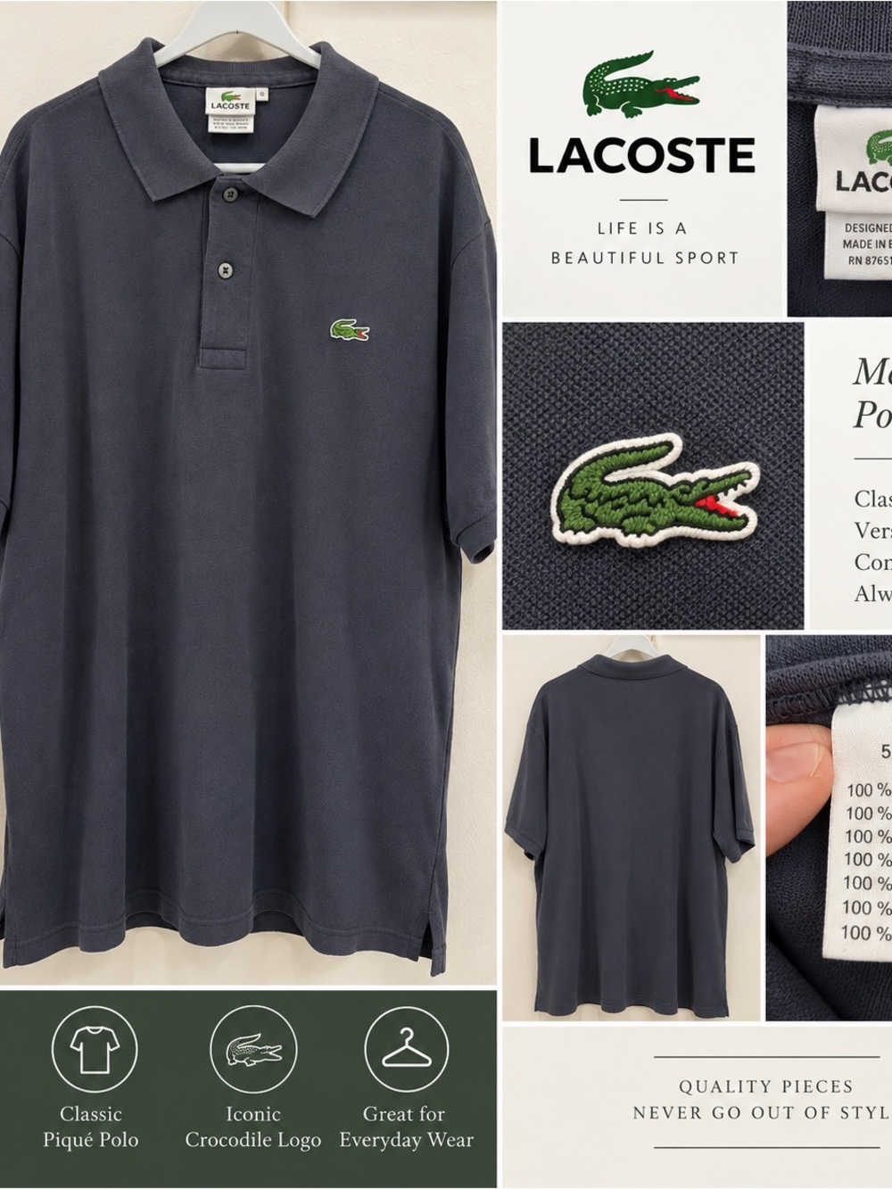 Lacoste Men’s Classic Piqué Polo Shirt Size 8 Charcoal Gray 100% Cotton